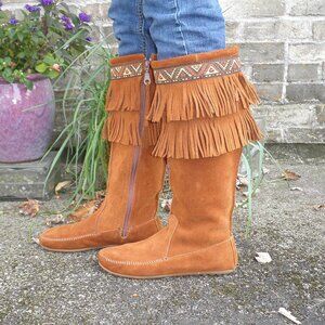 Vintage Fringe Brown Suede Minnetonka Moccasin Bohemian Tall Boots Sz. 8 Boho